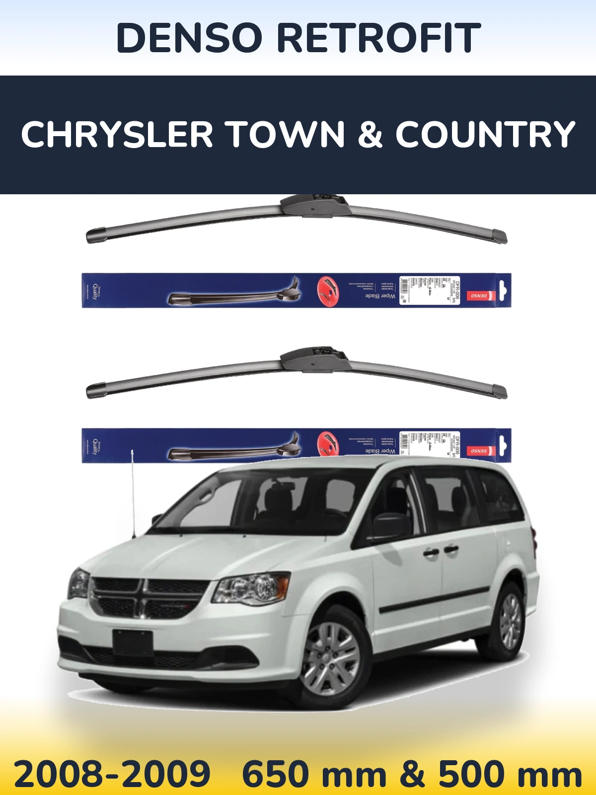 Front wiper blade set Denso Retrofit 650 & 500 mm for Chrysler Town & Country 2008-2009