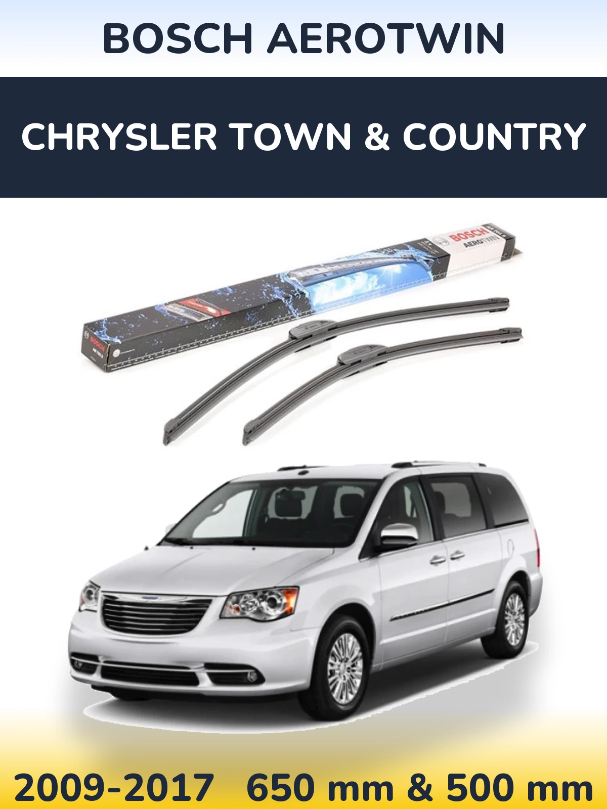 Front wiper blade set BOSCH AeroTwin 650 & 500 mm for Chrysler Town & Country 2009-2017