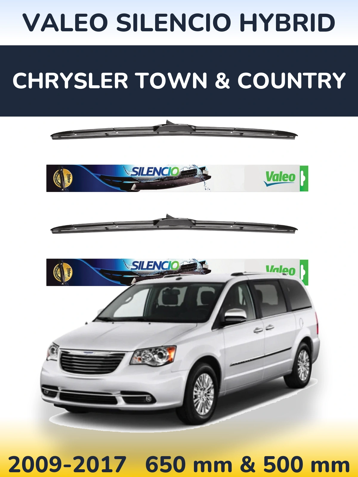 Front wiper blade set Valeo Silencio Hybrid 650 & 500 mm for Chrysler Town & Country 2009-2017