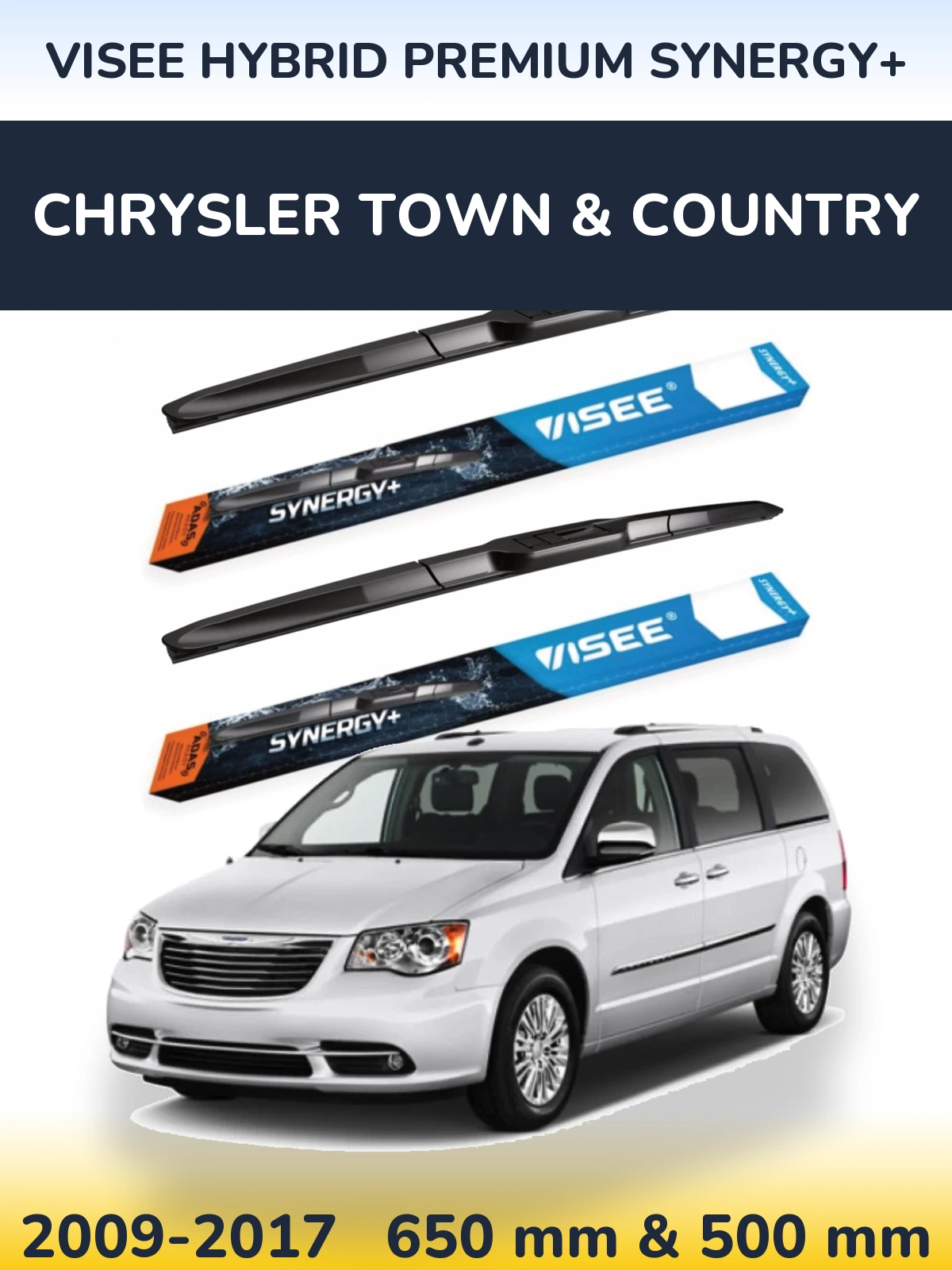 Front wiper blade set VISEE HYBRID PREMIUM SYNERGY+ 650 & 500 mm for Chrysler Town & Country 2009-2017