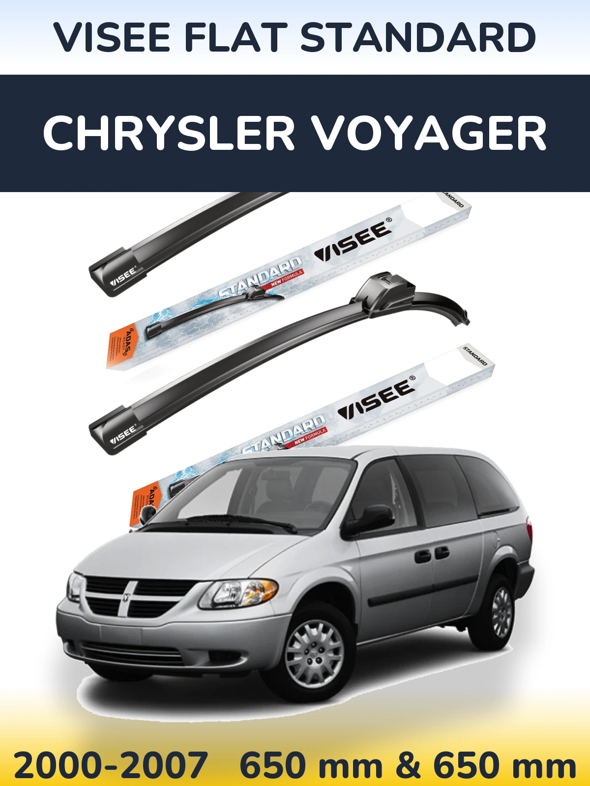 Front wiper blade set VISEE FLAT STANDARD 650 & 650 mm for Chrysler Voyager 2000-2007