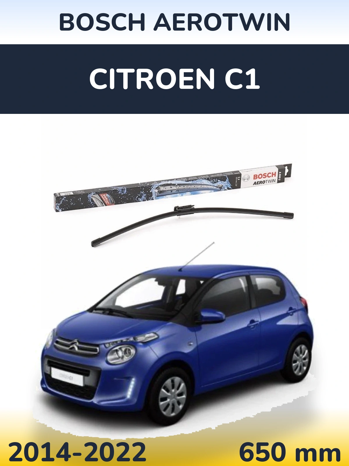 Front wiper blade BOSCH AeroTwin 650 mm for Citroen C1 2014-2022