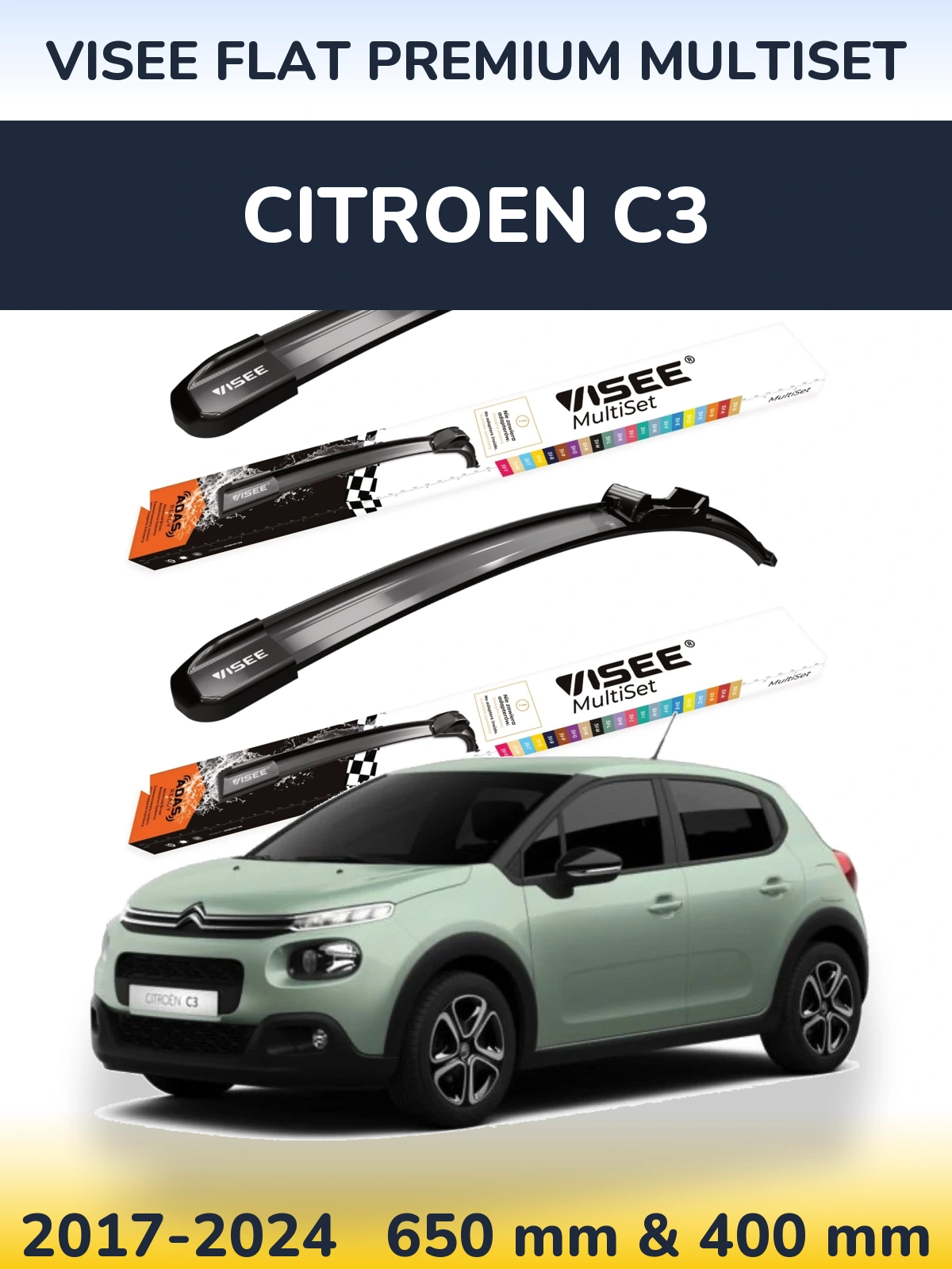 Front wiper blade set VISEE FLAT PREMIUM MultiSet 650 & 400 mm for Citroen C3 2017-2024