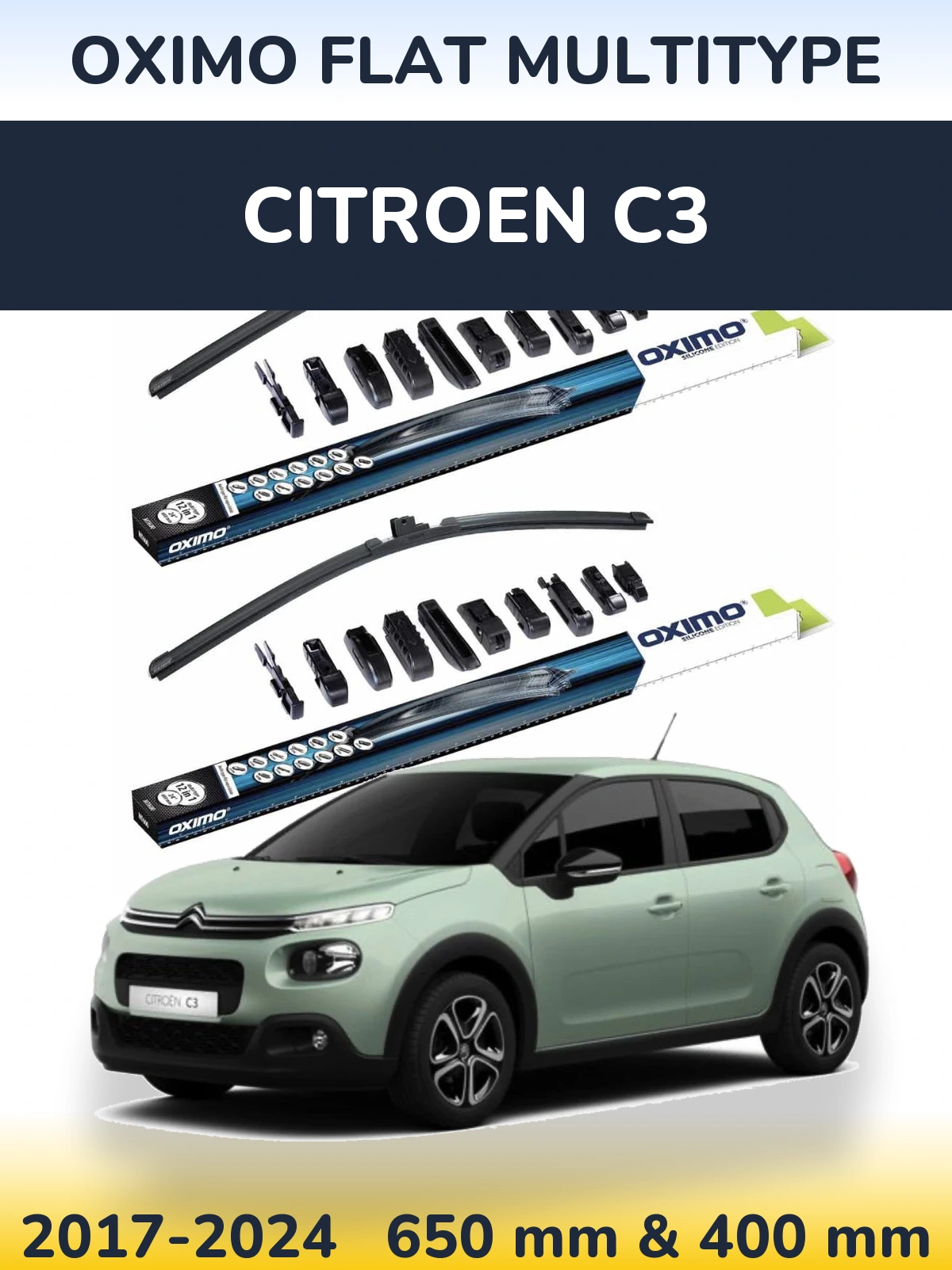 Front wiper blade set Oximo Flat MultiTypee 650 & 400 mm for Citroen C3 2017-2024