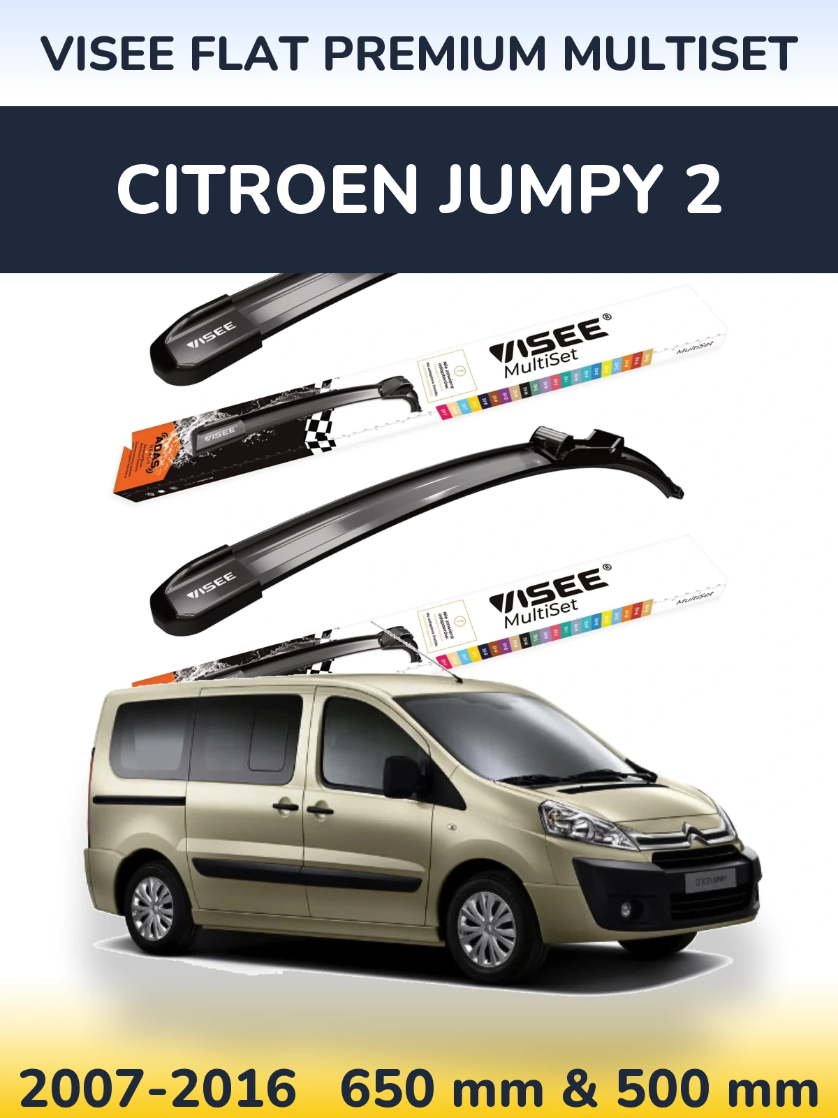 Front wiper blade set VISEE FLAT PREMIUM MultiSet 650 & 500 mm for Citroen Jumpy 2 2007-2016
