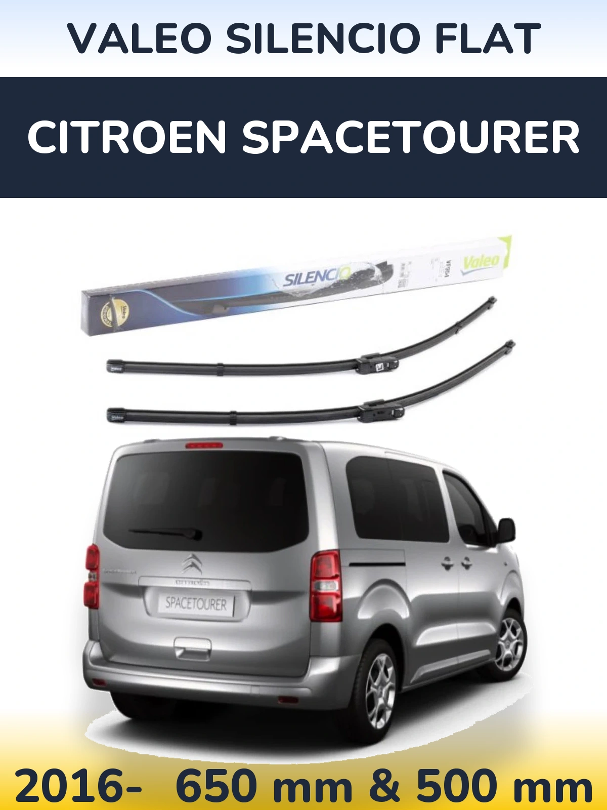 Front wiper blade set Valeo Silencio Flat 650 & 500 mm for Citroen SpaceTourer 2016-2026
