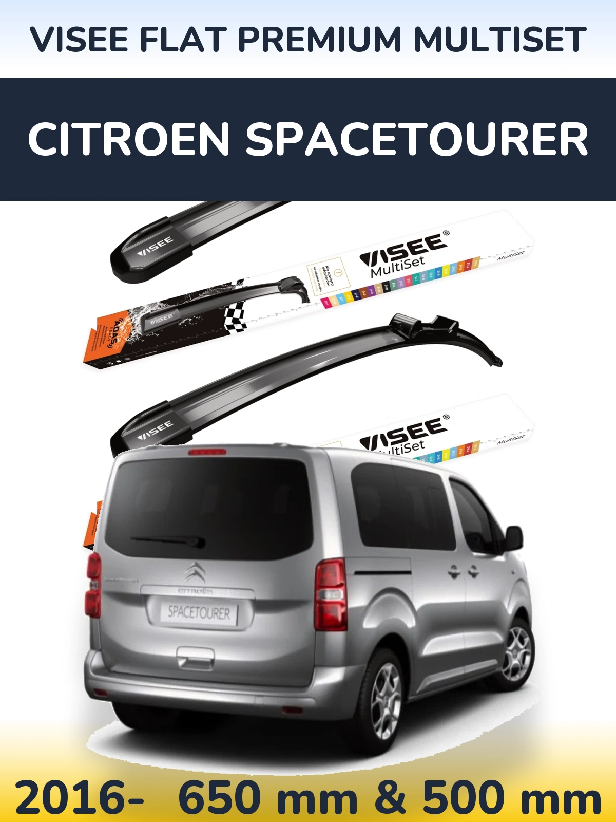Front wiper blade set VISEE FLAT PREMIUM MultiSet 650 & 500 mm for Citroen SpaceTourer 2016-2026