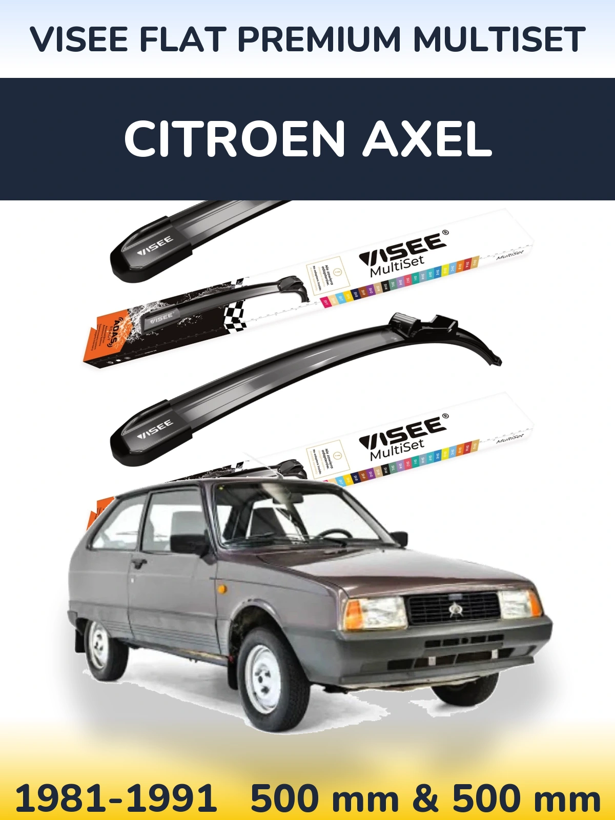 Front wiper blade set VISEE FLAT PREMIUM MultiSet 500 & 500 mm for Citroen Axel 1981-1991