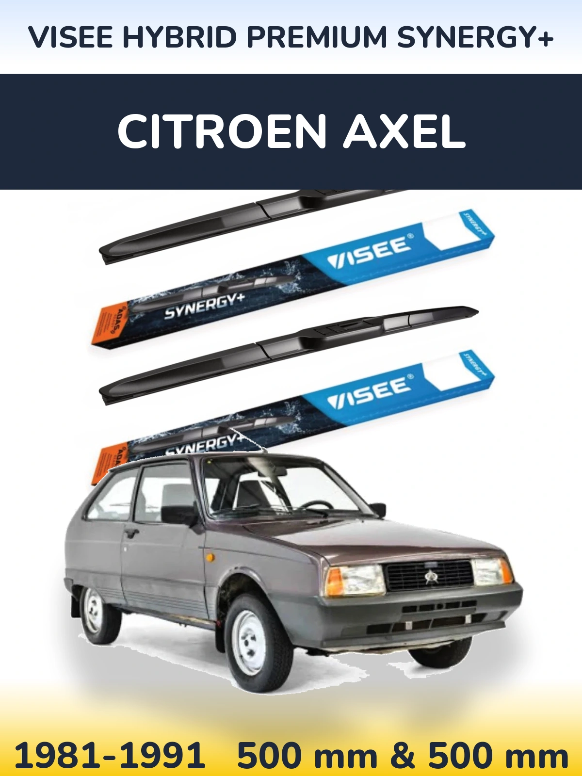 Front wiper blade set VISEE HYBRID PREMIUM SYNERGY+ 500 & 500 mm for Citroen Axel 1981-1991