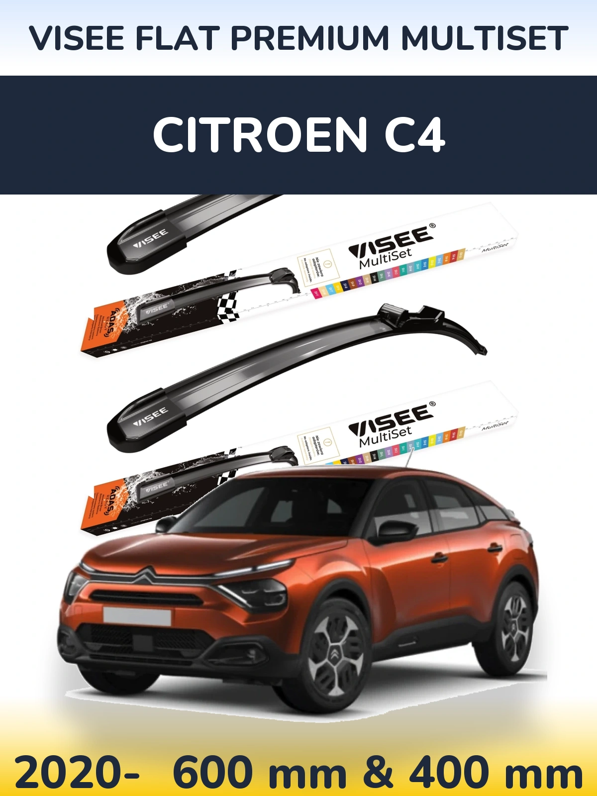 Front wiper blade set VISEE FLAT PREMIUM MultiSet 600 & 400 mm for Citroen C4 2020-2026
