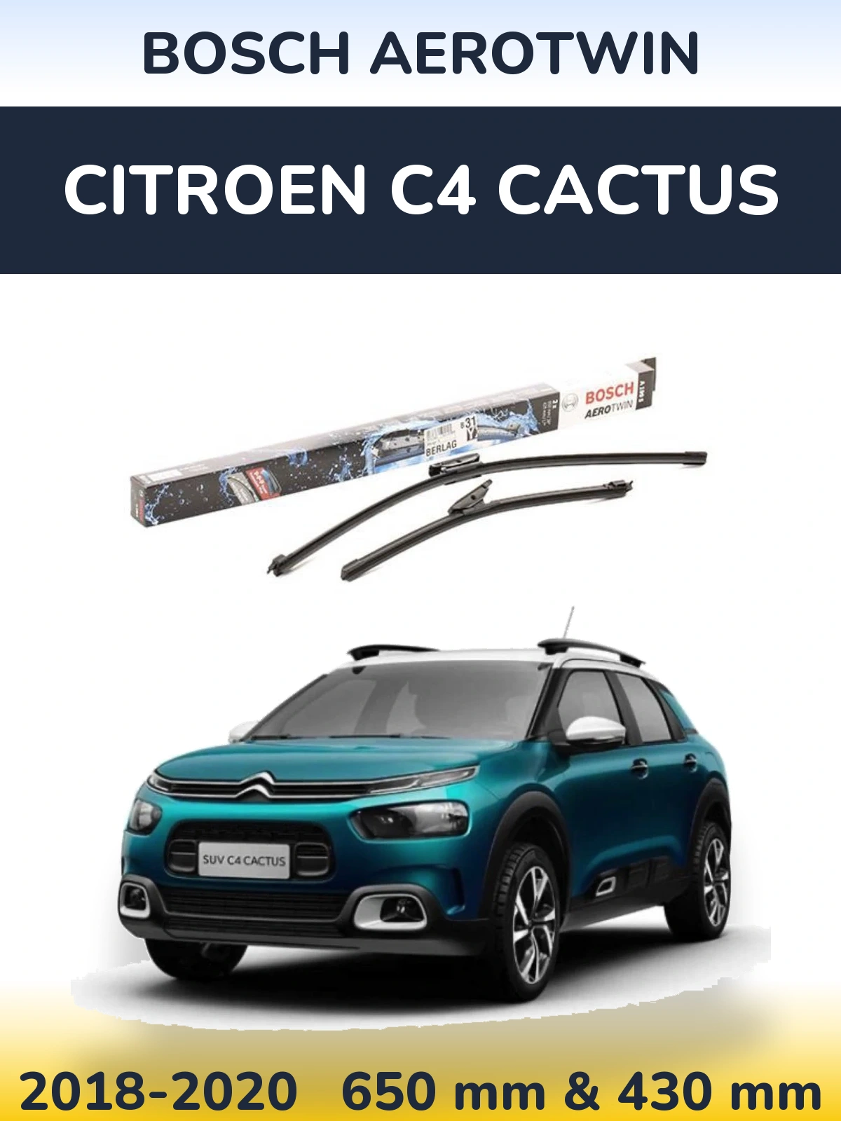 Комплект передних дворников BOSCH AeroTwin 650 & 430 мм для Citroen C4 Cactus 2018-2020