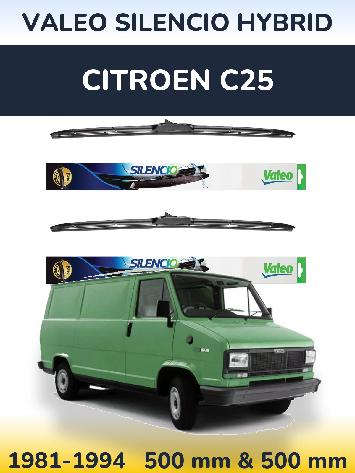 Front wiper blade set Valeo Silencio Hybrid 500 & 500 mm for Citroen C25 1981-1994