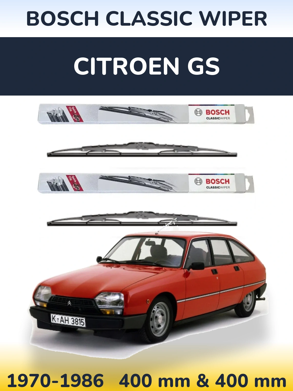 Front wiper blade set BOSCH Classic Wiper 400 & 400 mm for Citroen GS 1970-1986