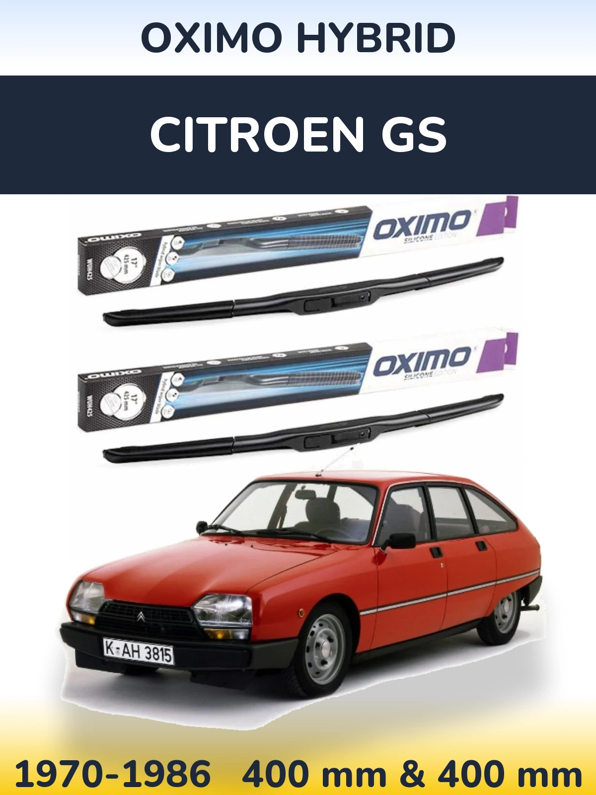 Front wiper blade set Oximo Hybrid 400 & 400 mm for Citroen GS 1970-1986