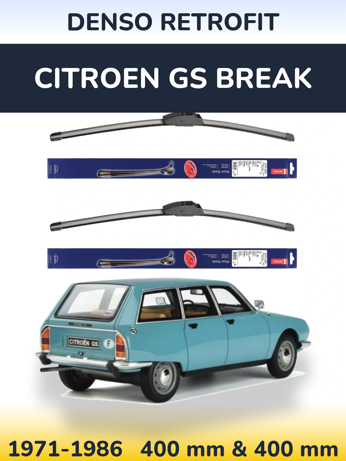 Front wiper blade set Denso Retrofit 400 & 400 mm for Citroen GS Break 1971-1986