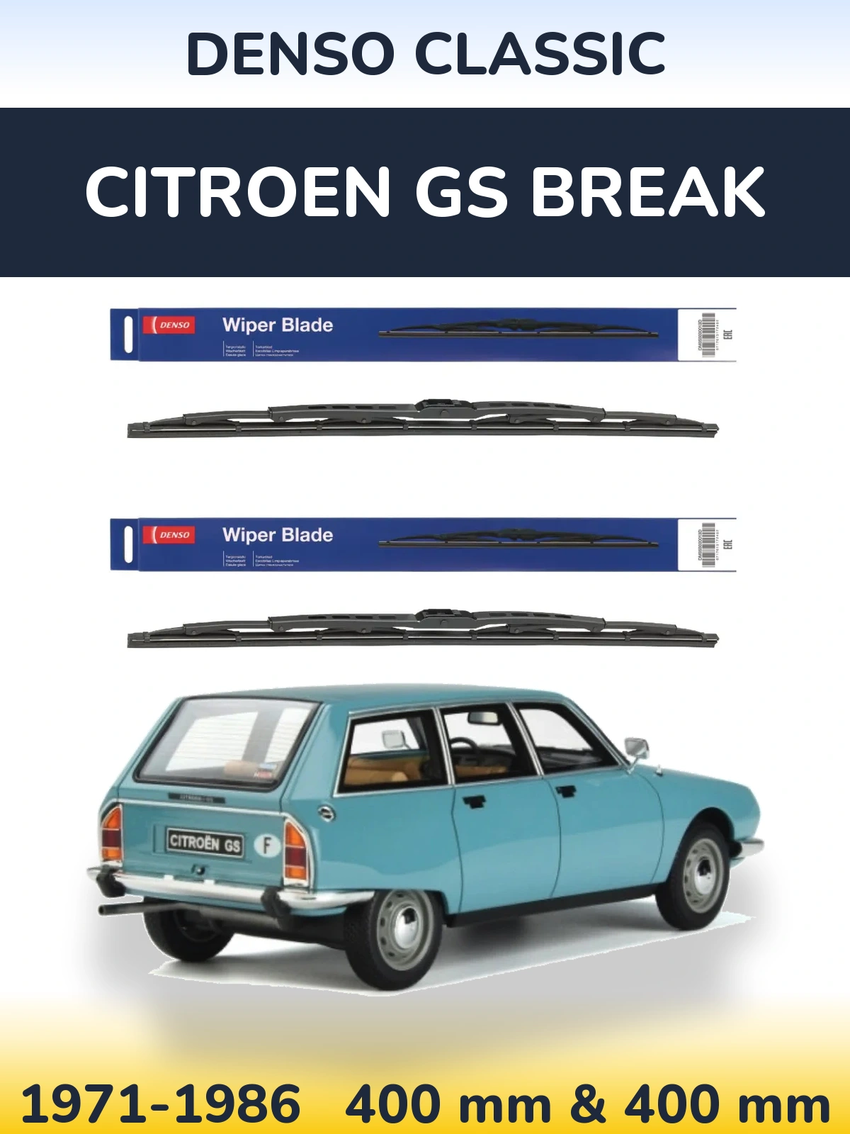 Front wiper blade set Denso Classic 400 & 400 mm for Citroen GS Break 1971-1986