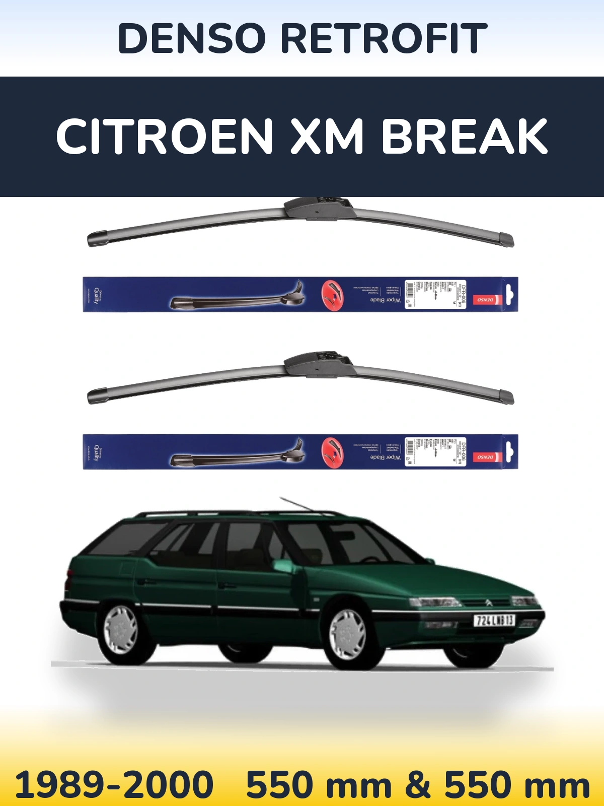 Front wiper blade set Denso Retrofit 550 & 550 mm for Citroen XM Break 1989-2000