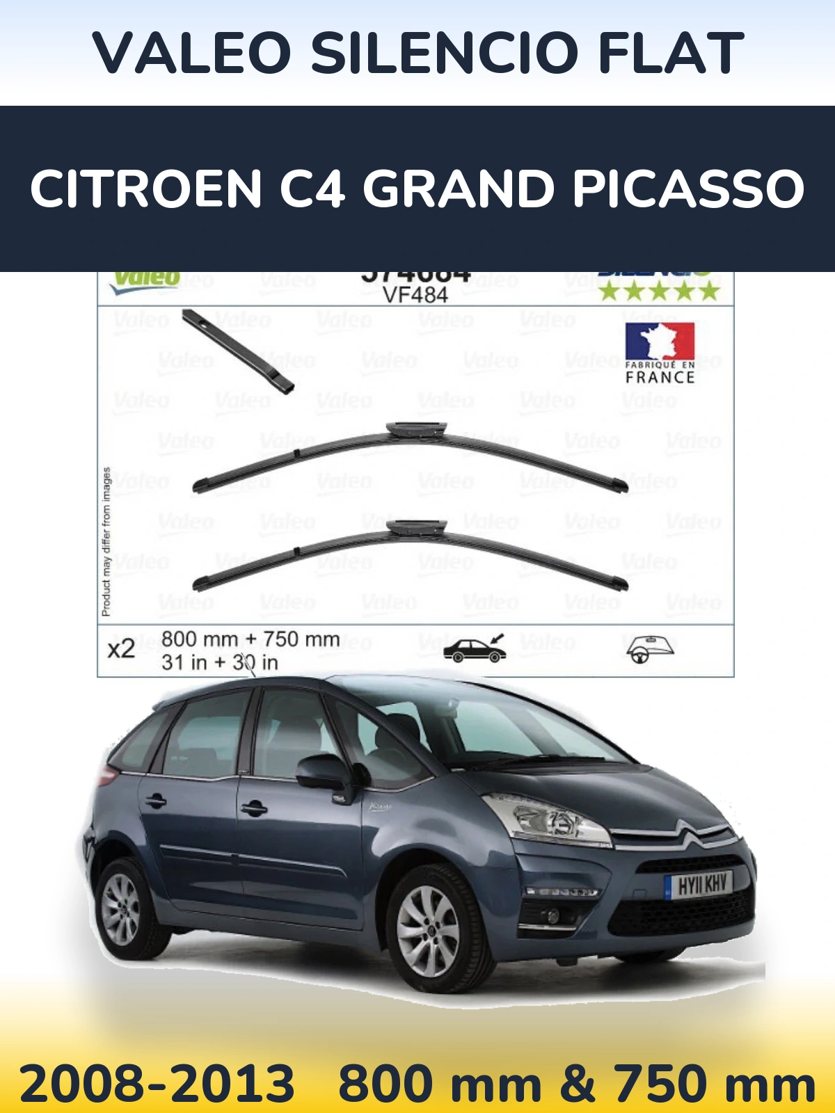 Front wiper blade set Valeo Silencio Flat 800 & 750 mm for Citroen C4 Grand Picasso 2008-2013