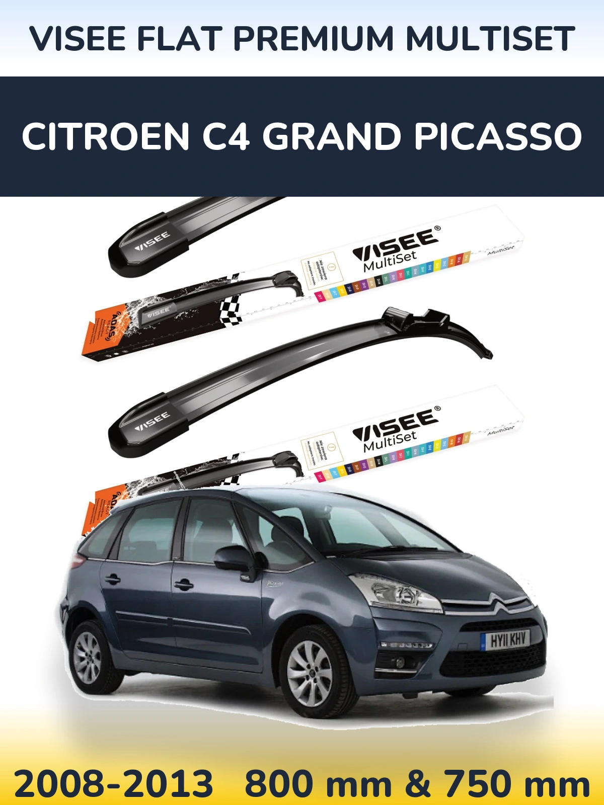Front wiper blade set VISEE FLAT PREMIUM MultiSet 800 & 750 mm for Citroen C4 Grand Picasso 2008-2013