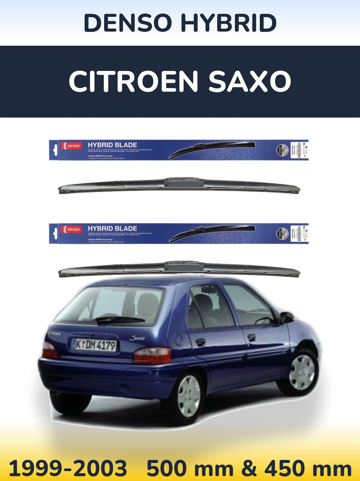 Front wiper blade set Denso Hybrid 500 & 450 mm for Citroen Saxo 1999-2003