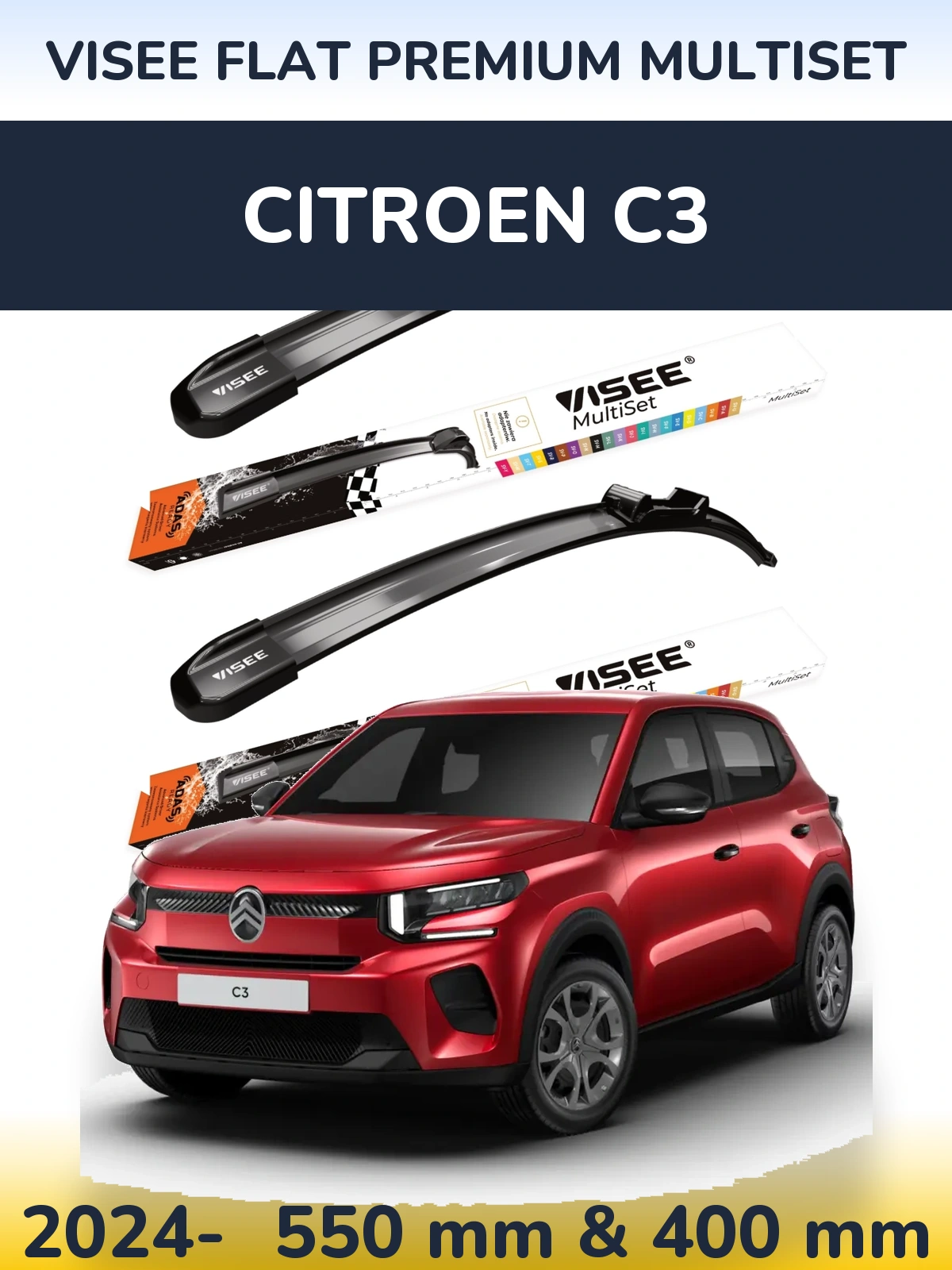 Комплект передніх щіток VISEE FLAT PREMIUM MultiSet 550 & 400 мм для Citroen C3 2024-2026