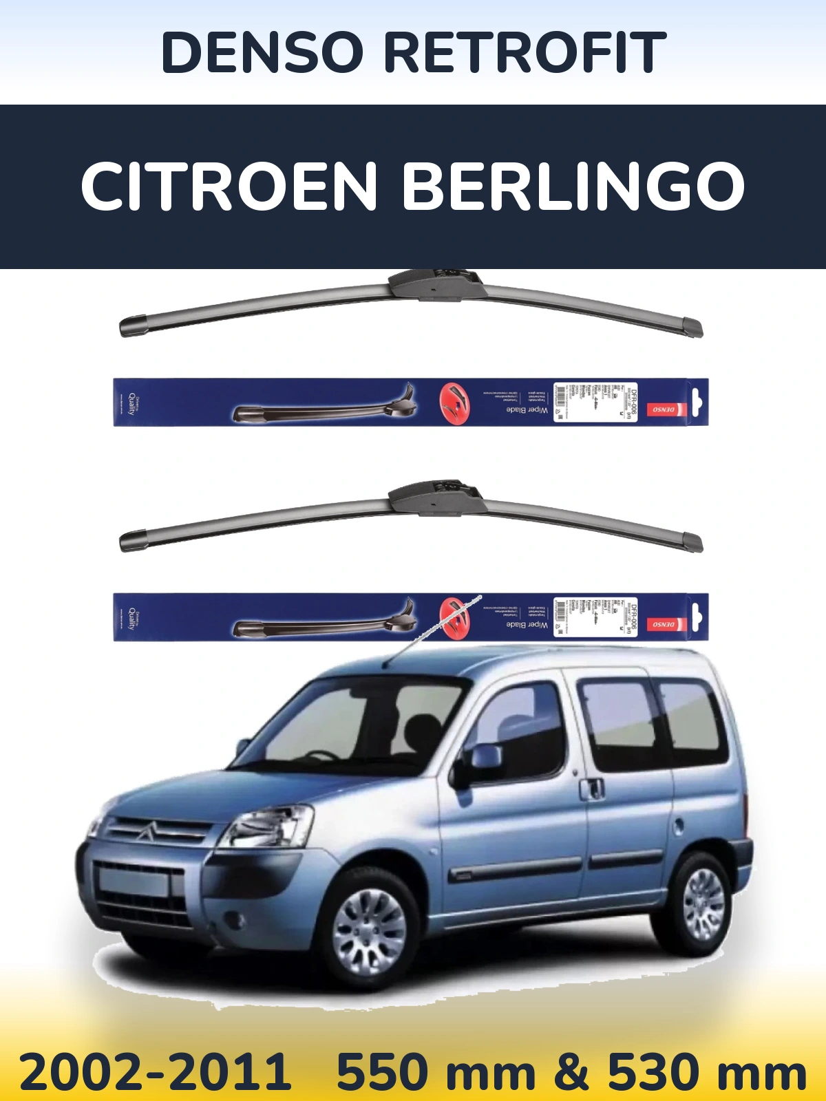 Front wiper blade set Denso Retrofit 550 & 530 mm for Citroen Berlingo 2002-2011
