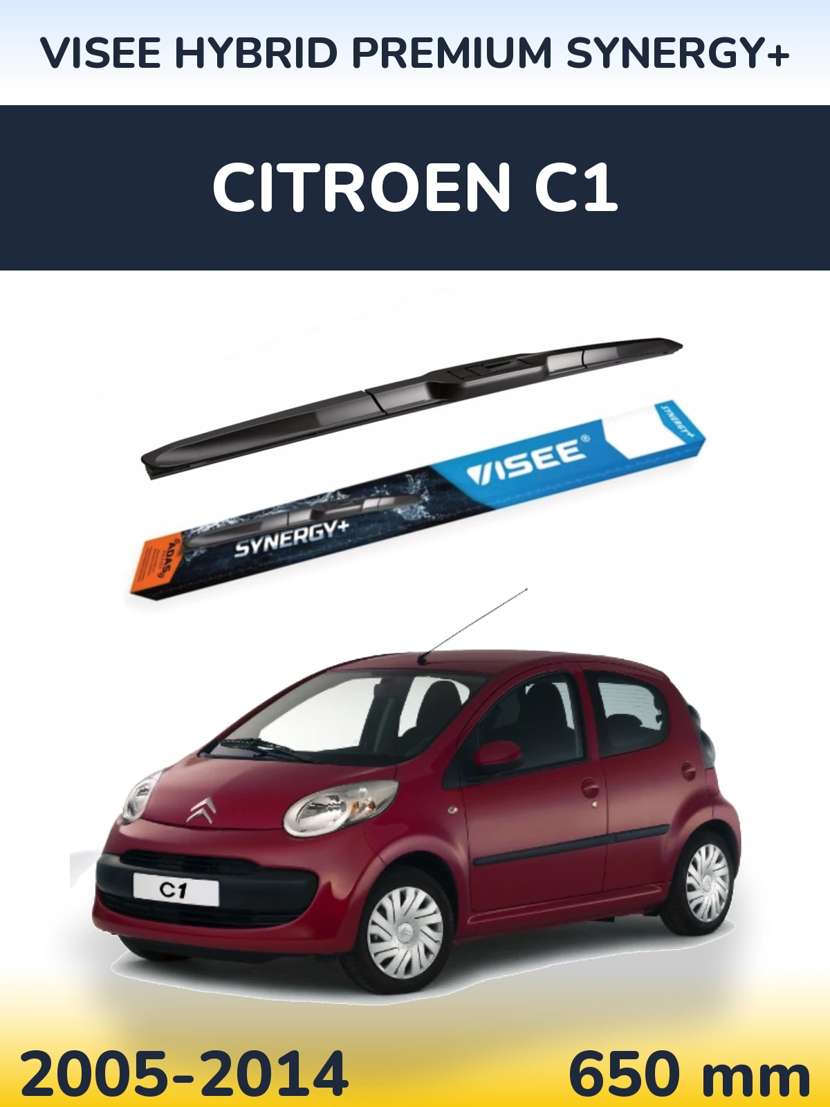 Front wiper blade VISEE HYBRID PREMIUM SYNERGY+ 650 mm for Citroen C1 2005-2014