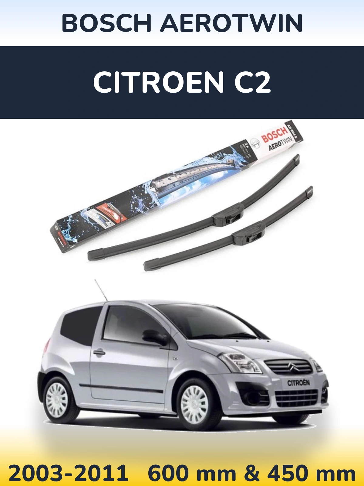 Front wiper blade set BOSCH AeroTwin 600 & 450 mm for Citroen C2 2003-2011