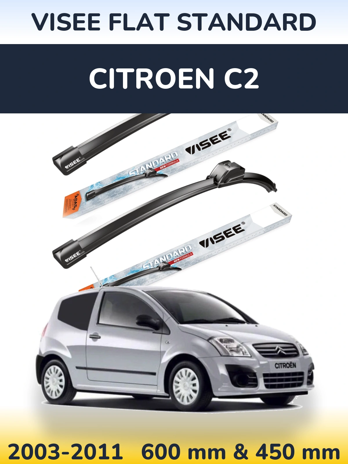 Комплект передніх щіток VISEE FLAT STANDARD 600 & 450 мм для Citroen C2 2003-2011