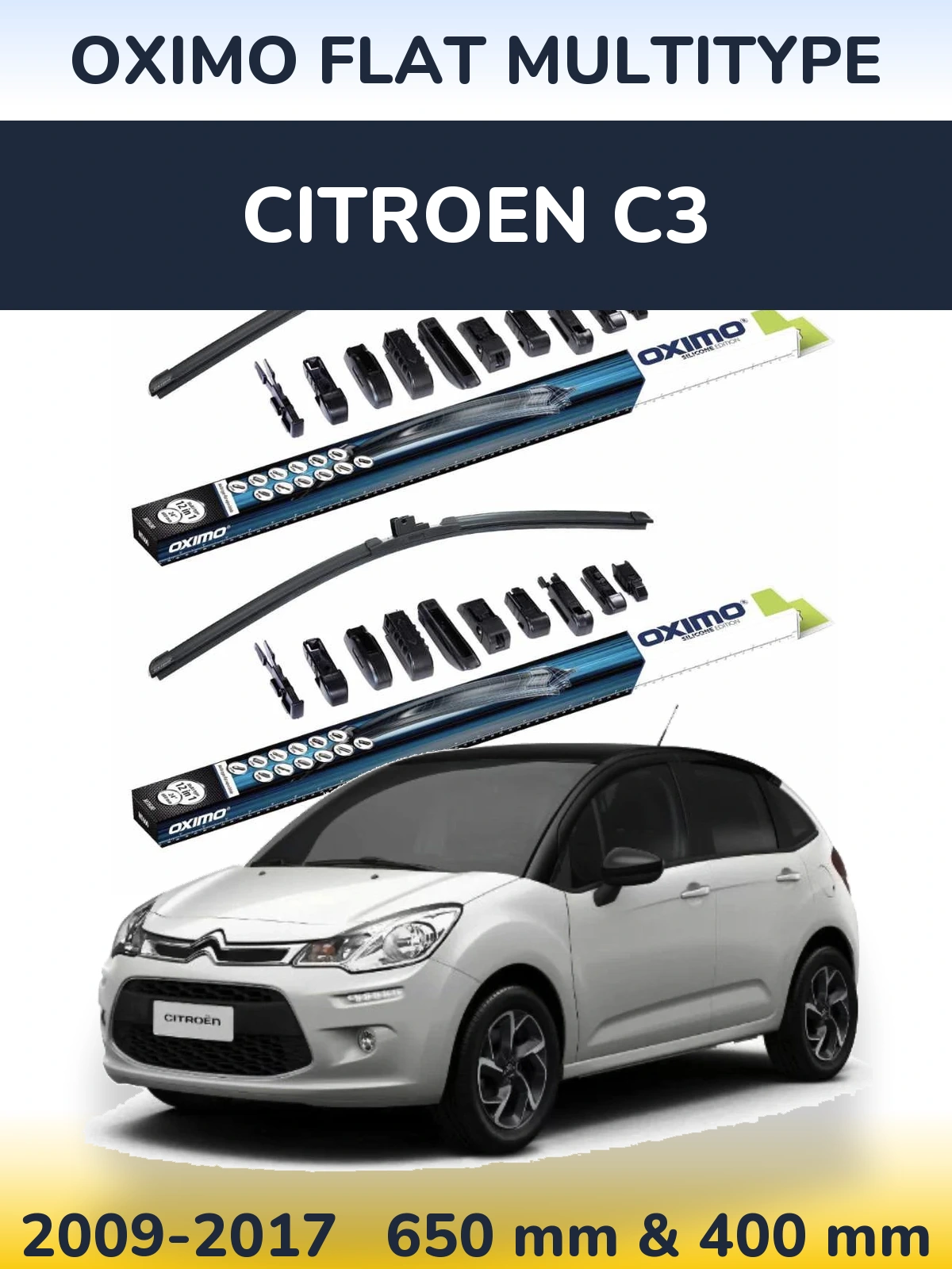 Front wiper blade set Oximo Flat MultiTypee 650 & 400 mm for Citroen C3 2009-2017