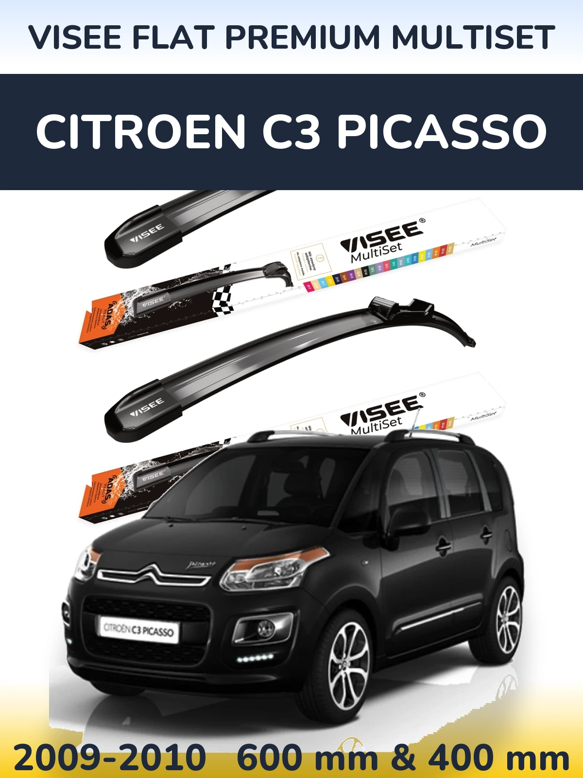Front wiper blade set VISEE FLAT PREMIUM MultiSet 600 & 400 mm for Citroen C3 Picasso 2009-2010