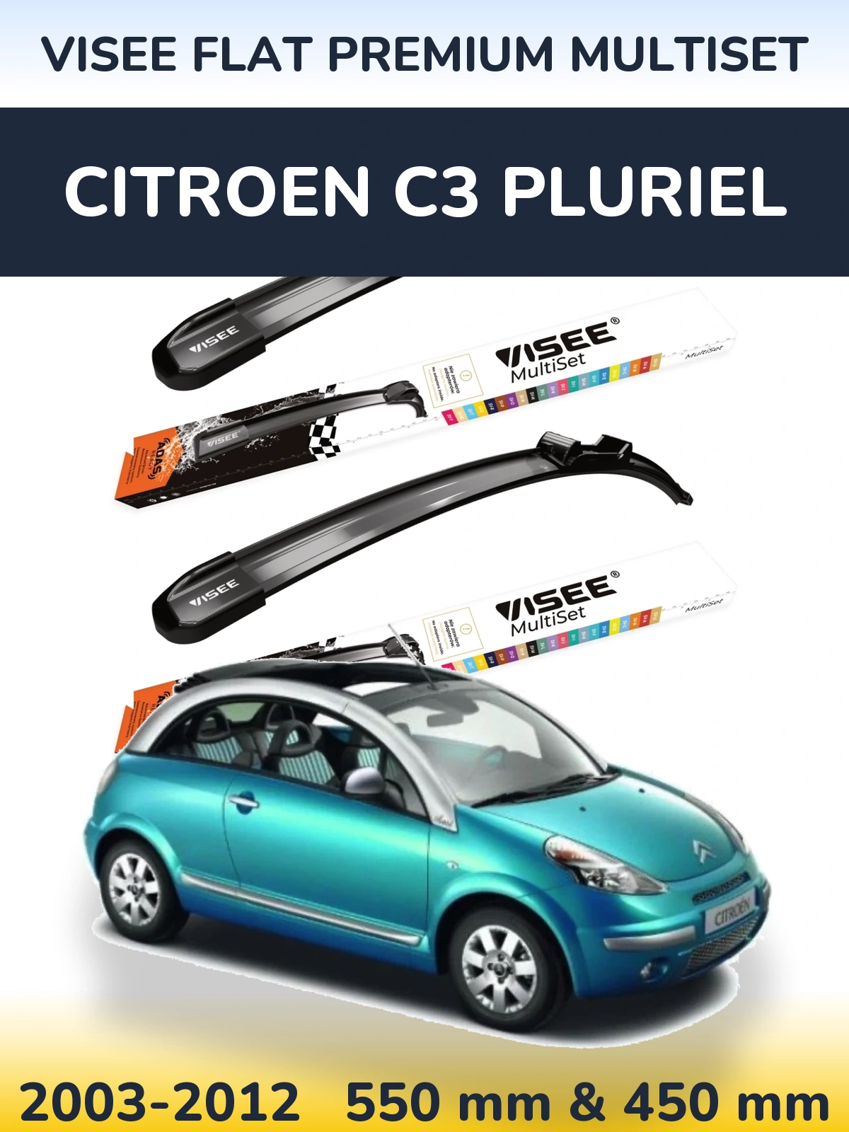 Front wiper blade set VISEE FLAT PREMIUM MultiSet 550 & 450 mm for Citroen C3 Pluriel 2003-2012