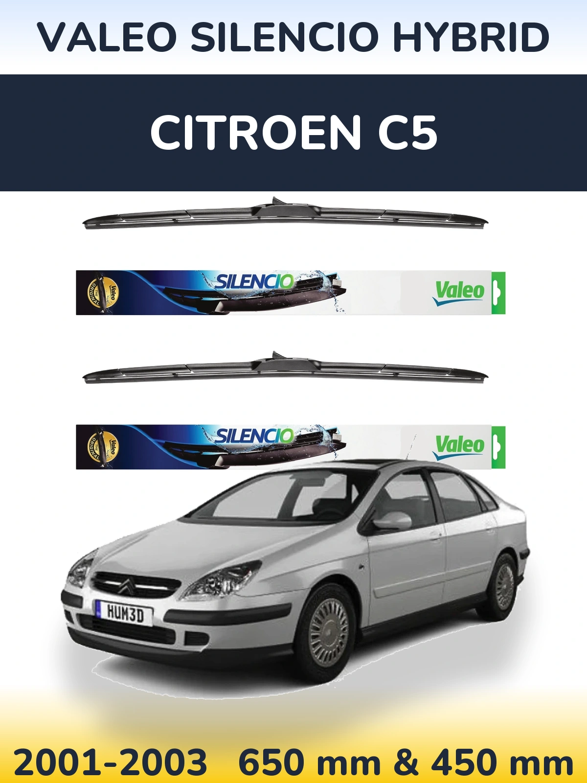 Front wiper blade set Valeo Silencio Hybrid 650 & 450 mm for Citroen C5 2001-2003