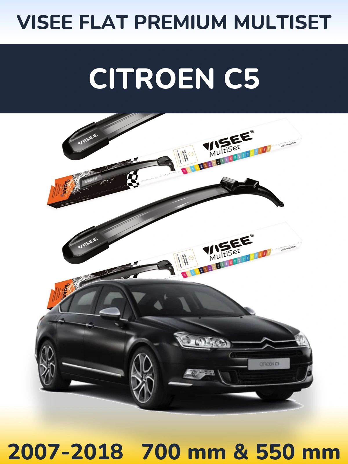 Front wiper blade set VISEE FLAT PREMIUM MultiSet 700 & 550 mm for Citroen C5 2007-2018