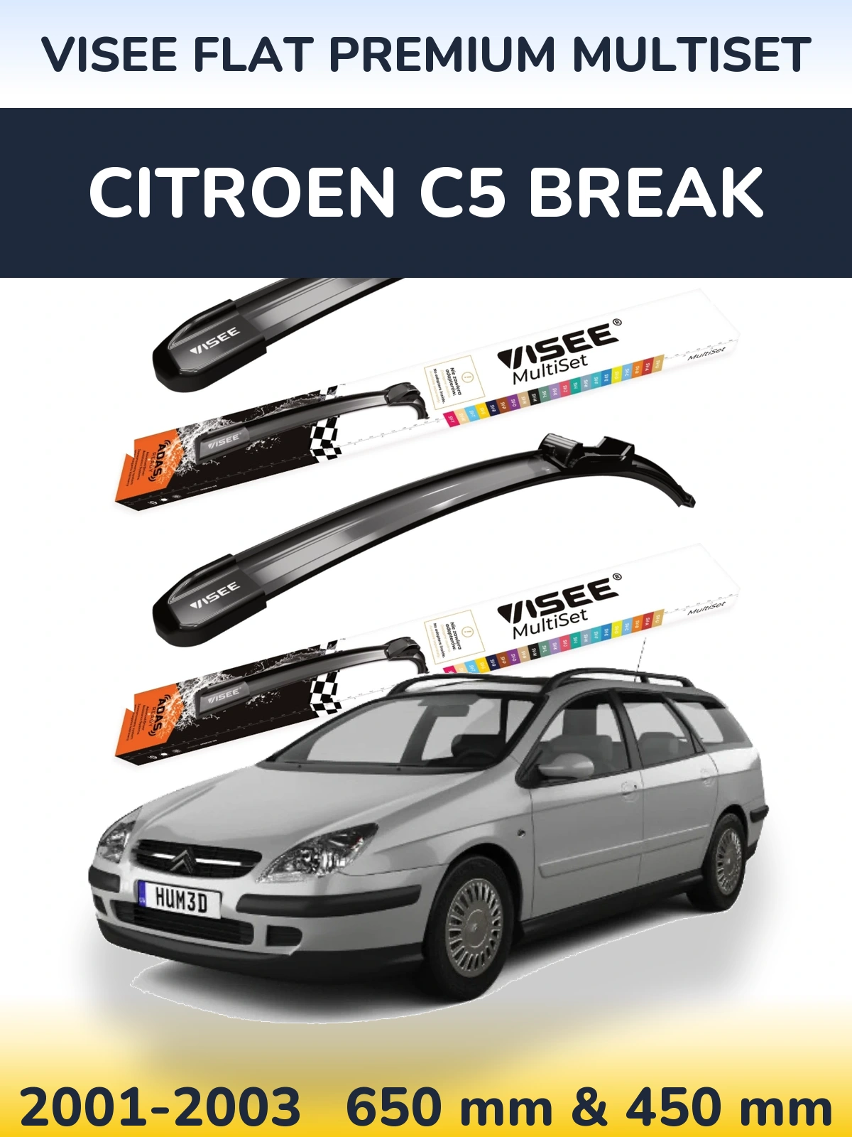 Front wiper blade set VISEE FLAT PREMIUM MultiSet 650 & 450 mm for Citroen C5 Break 2001-2003