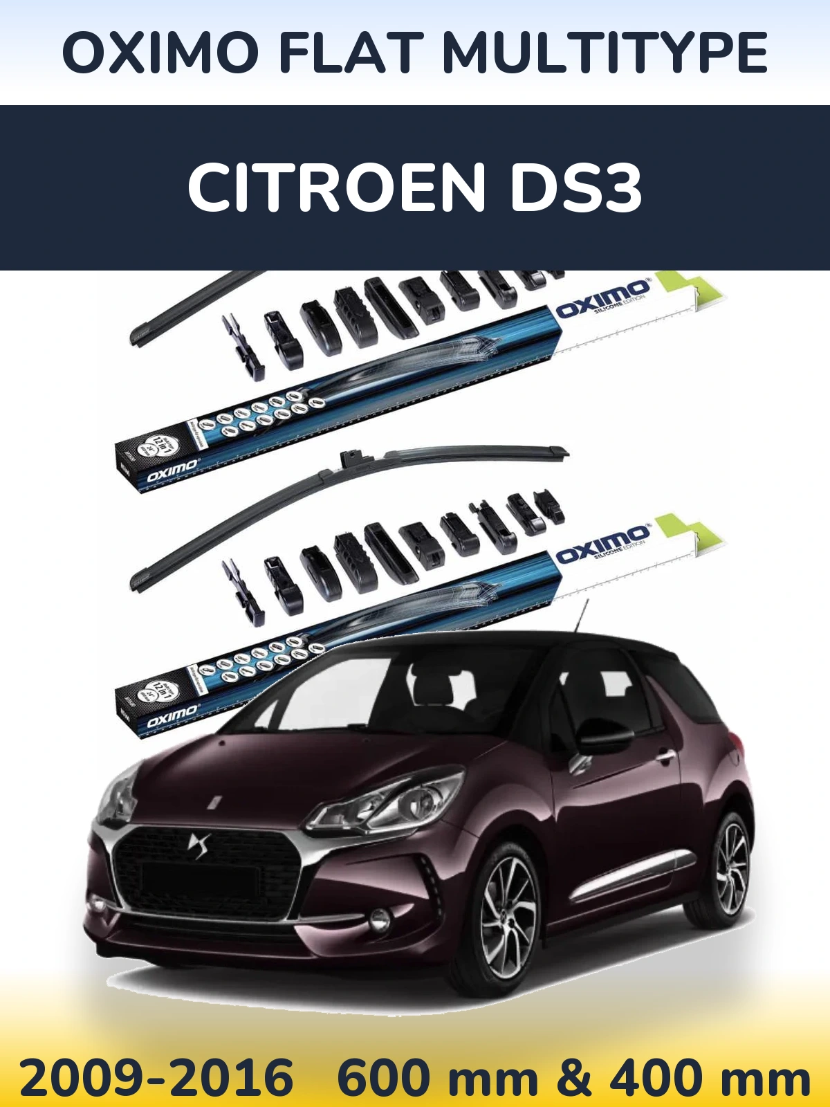 Front wiper blade set Oximo Flat MultiTypee 600 & 400 mm for Citroen DS3 2009-2016
