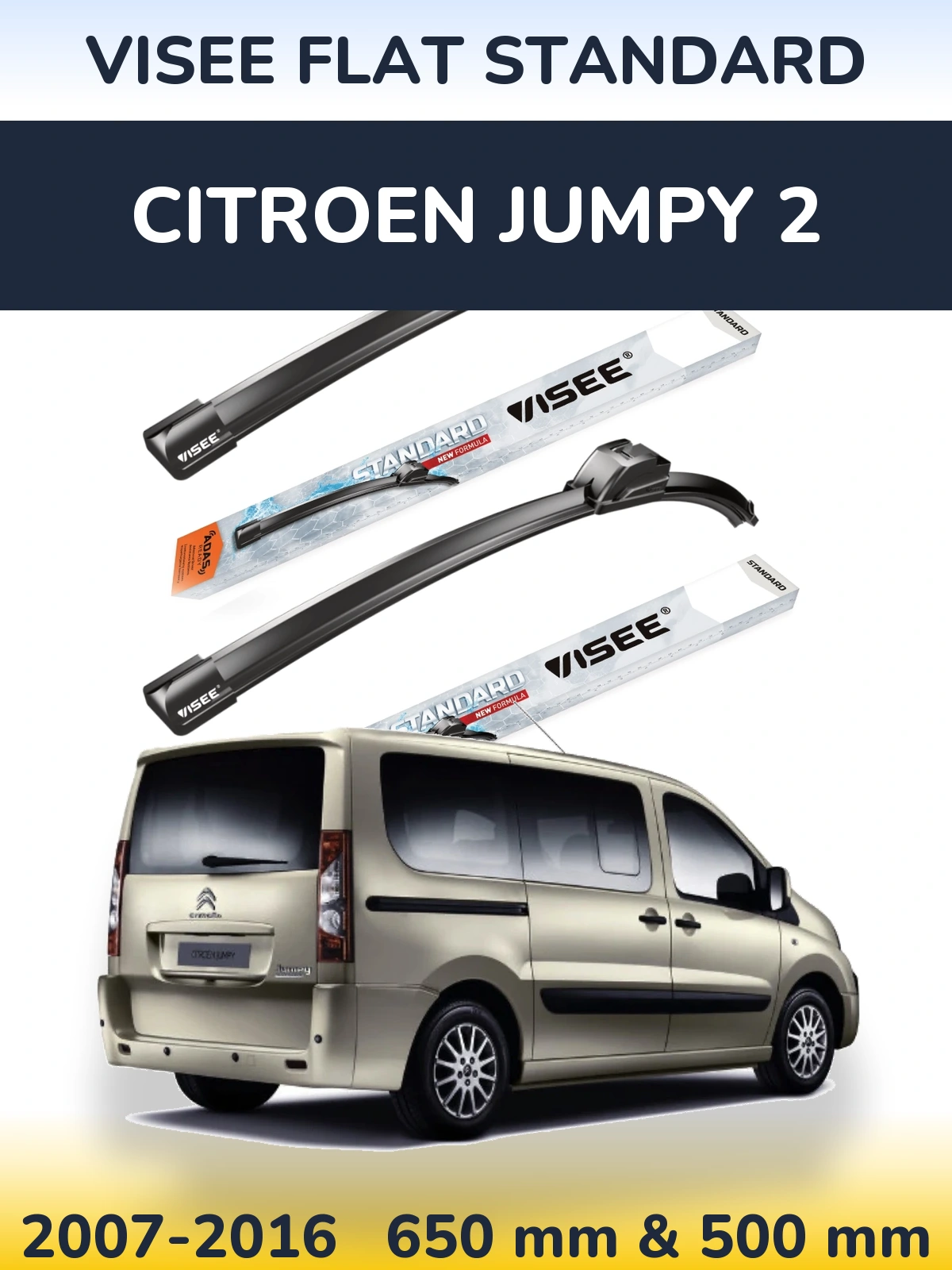 Front wiper blade set VISEE FLAT STANDARD 650 & 500 mm for Citroen Jumpy 2 2007-2016