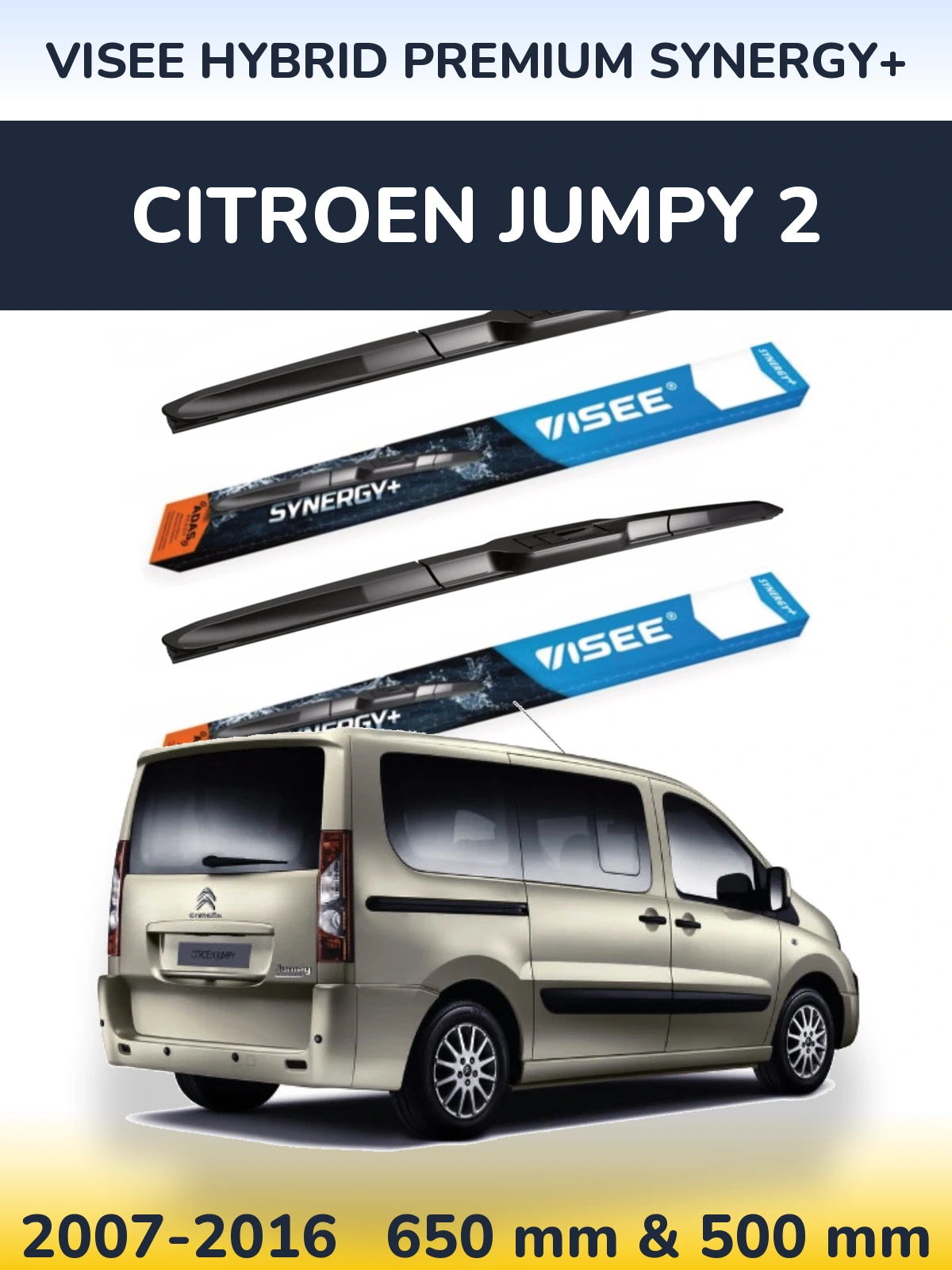 Front wiper blade set VISEE HYBRID PREMIUM SYNERGY+ 650 & 500 mm for Citroen Jumpy 2 2007-2016