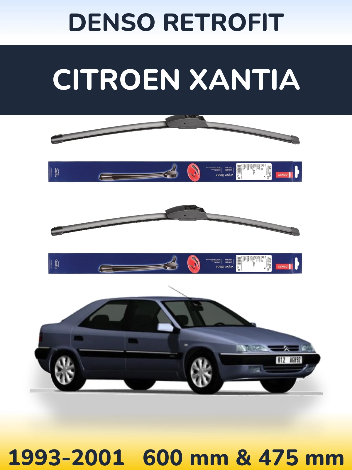 Front wiper blade set Denso Retrofit 600 & 475 mm for Citroen Xantia 1993-2001
