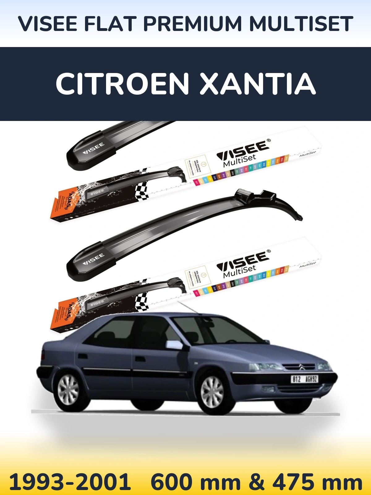 Комплект передніх щіток VISEE FLAT PREMIUM MultiSet 600 & 475 мм для Citroen Xantia 1993-2001