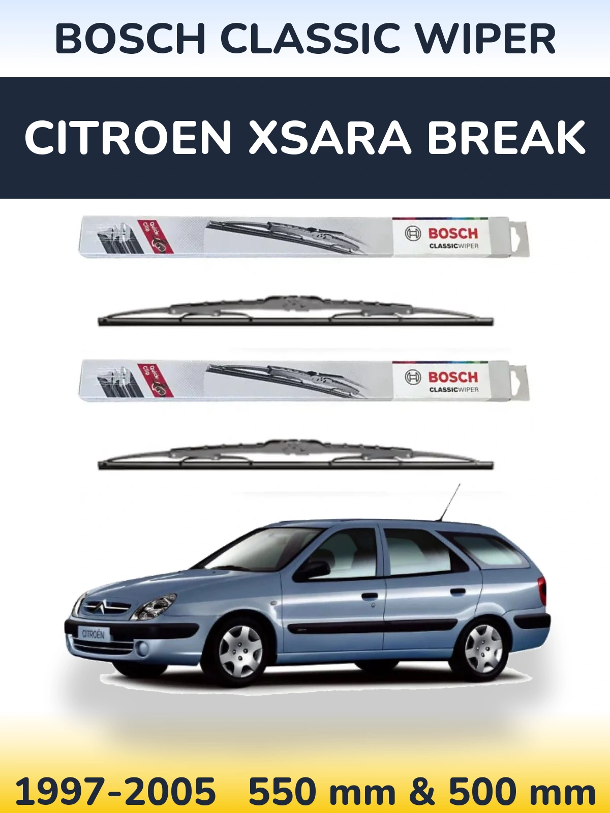Front wiper blade set BOSCH Classic Wiper 550 & 500 mm for Citroen Xsara Break 1997-2005