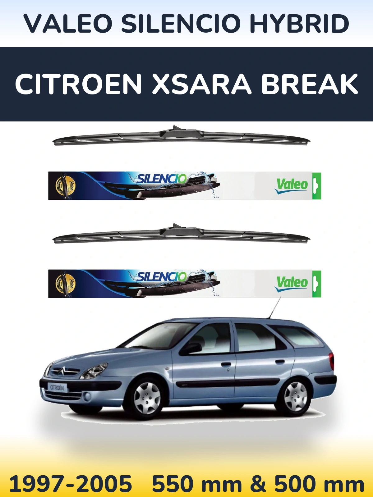 Front wiper blade set Valeo Silencio Hybrid 550 & 500 mm for Citroen Xsara Break 1997-2005