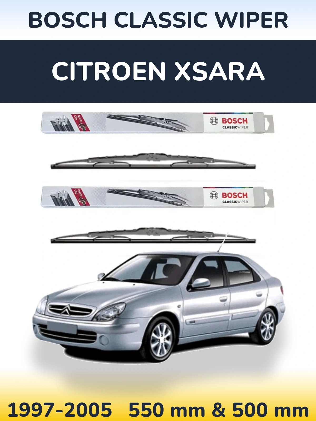 Front wiper blade set BOSCH Classic Wiper 550 & 500 mm for Citroen Xsara 1997-2005