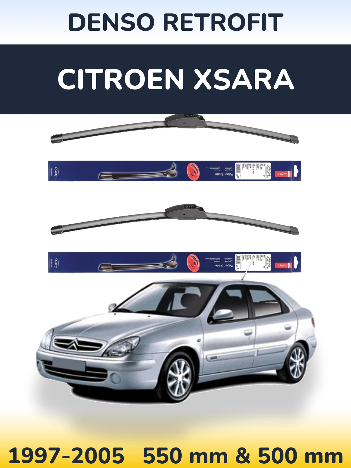 Front wiper blade set Denso Retrofit 550 & 500 mm for Citroen Xsara 1997-2005