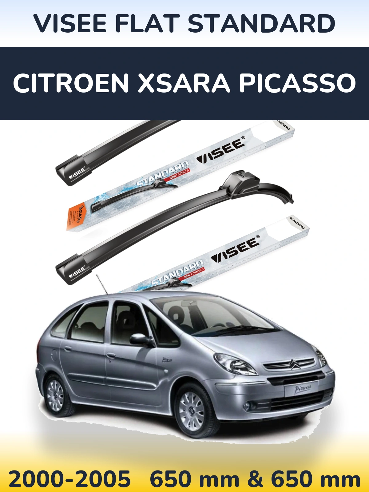 Front wiper blade set VISEE FLAT STANDARD 650 & 650 mm for Citroen Xsara Picasso 2000-2005
