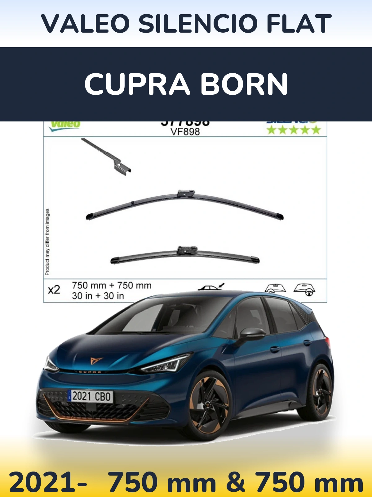 Front wiper blade set Valeo Silencio Flat 750 & 750 mm for Cupra Born 2021-2026