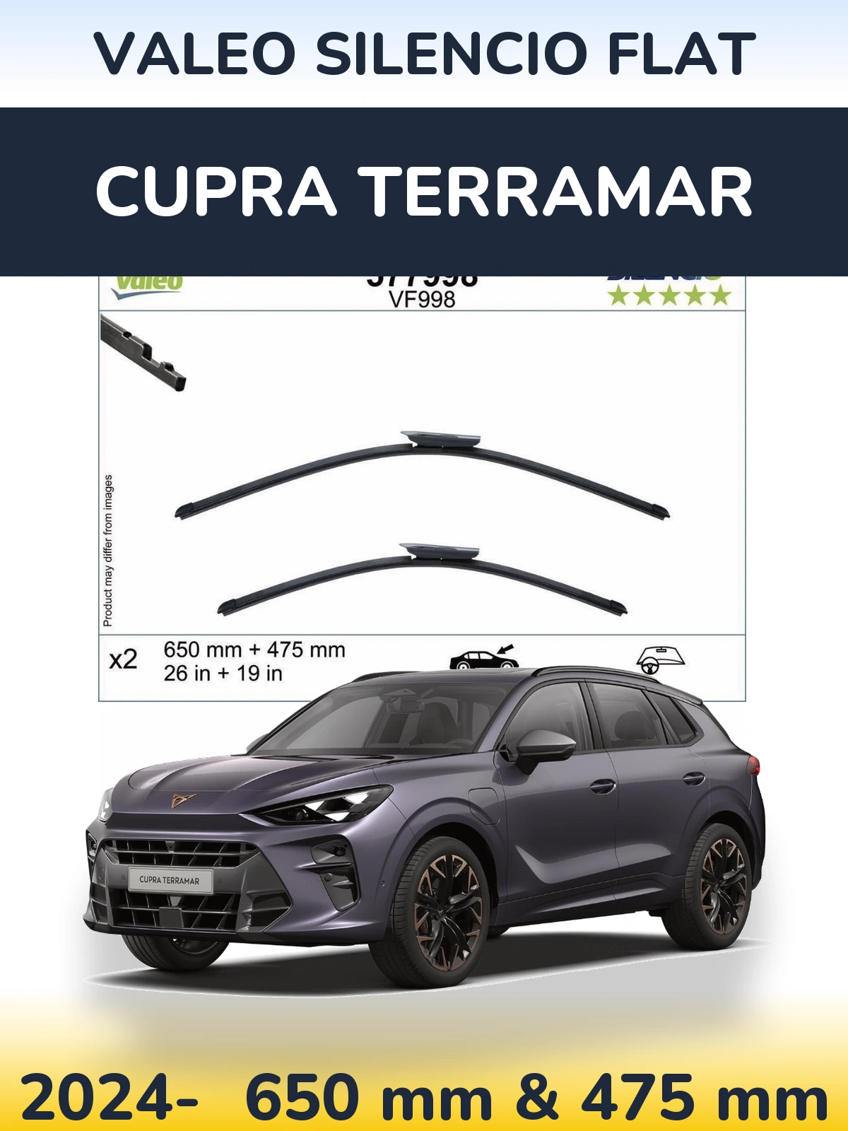 Front wiper blade set Valeo Silencio Flat 650 & 475 mm for Cupra Terramar 2024-2026