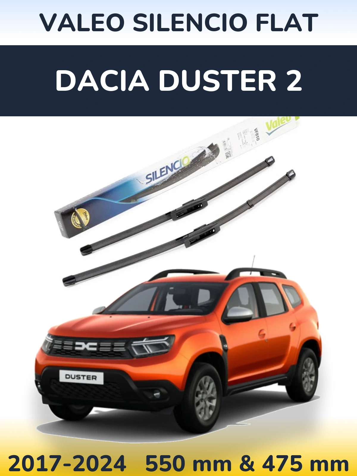 Front wiper blade set Valeo Silencio Flat 550 & 475 mm for Dacia Duster 2 2017-2024