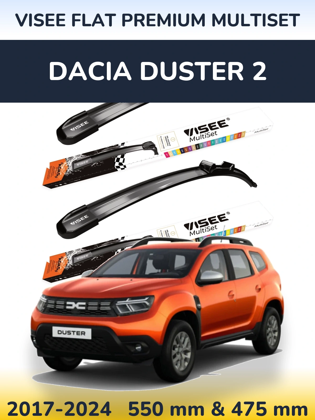 Front wiper blade set VISEE FLAT PREMIUM MultiSet 550 & 475 mm for Dacia Duster 2 2017-2024