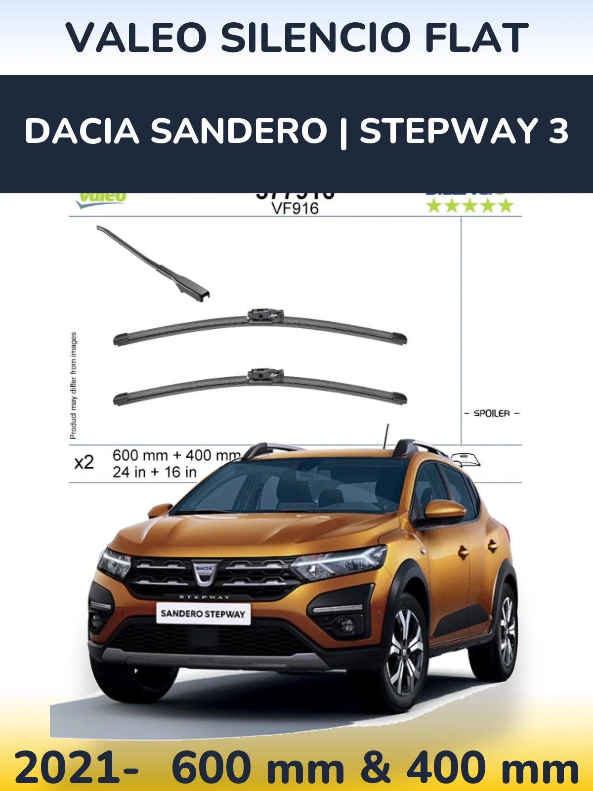 Front wiper blade set Valeo Silencio Flat 600 & 400 mm for Dacia Sandero | Stepway 3 2021-2026